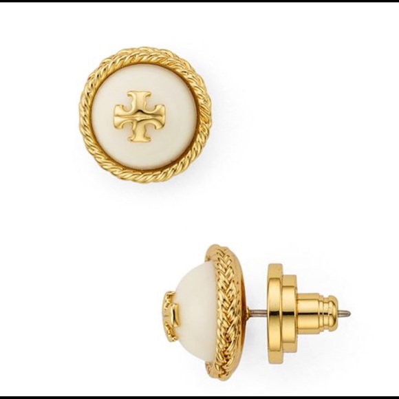 NWT Tory Burch Rope Logo Stud Earrings Ivory/Gold - Picture 3 of 5